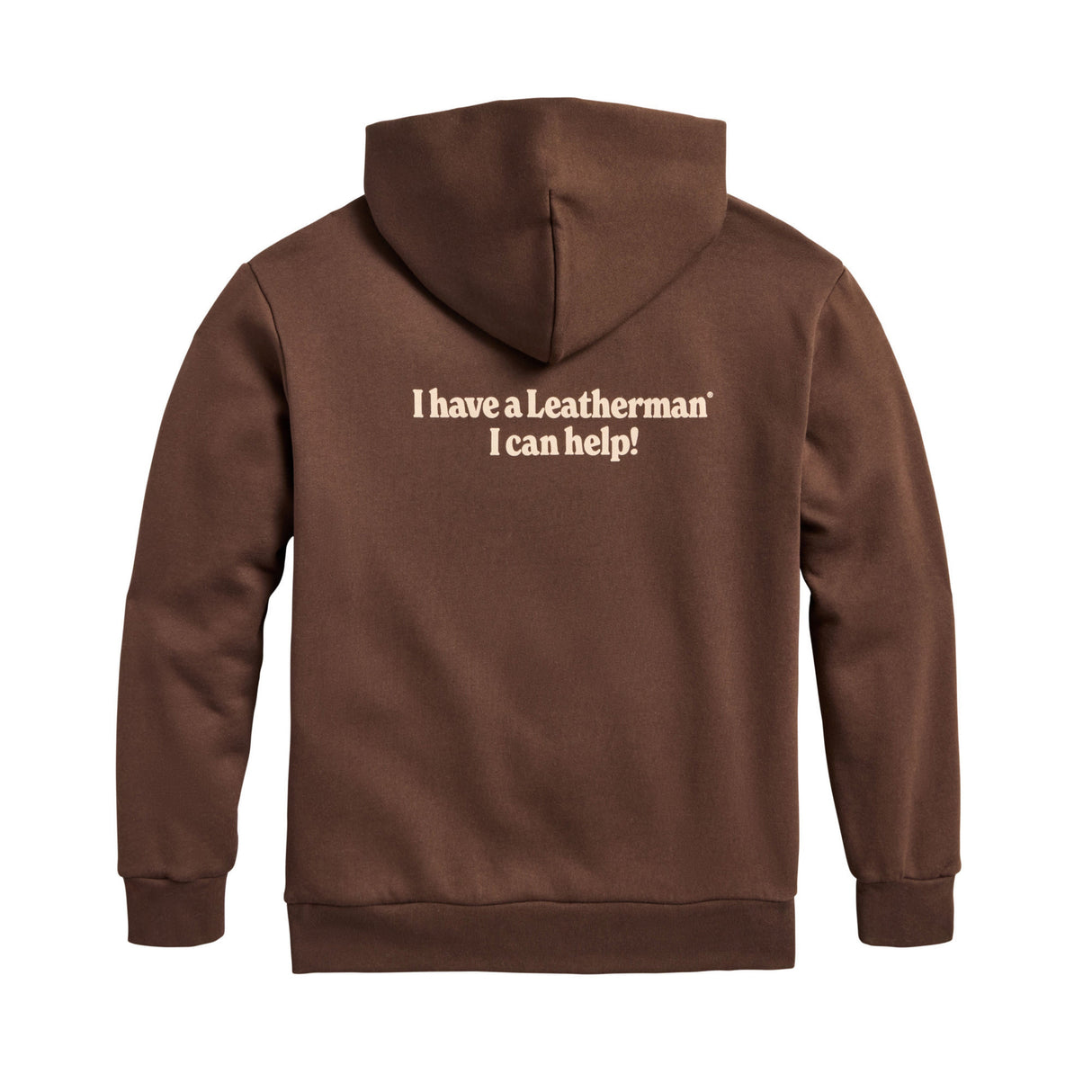 Translation missing: en.Back of the brown Mr. Wave Hoodie with the slogan "I have a Leatherman, I can help!"
