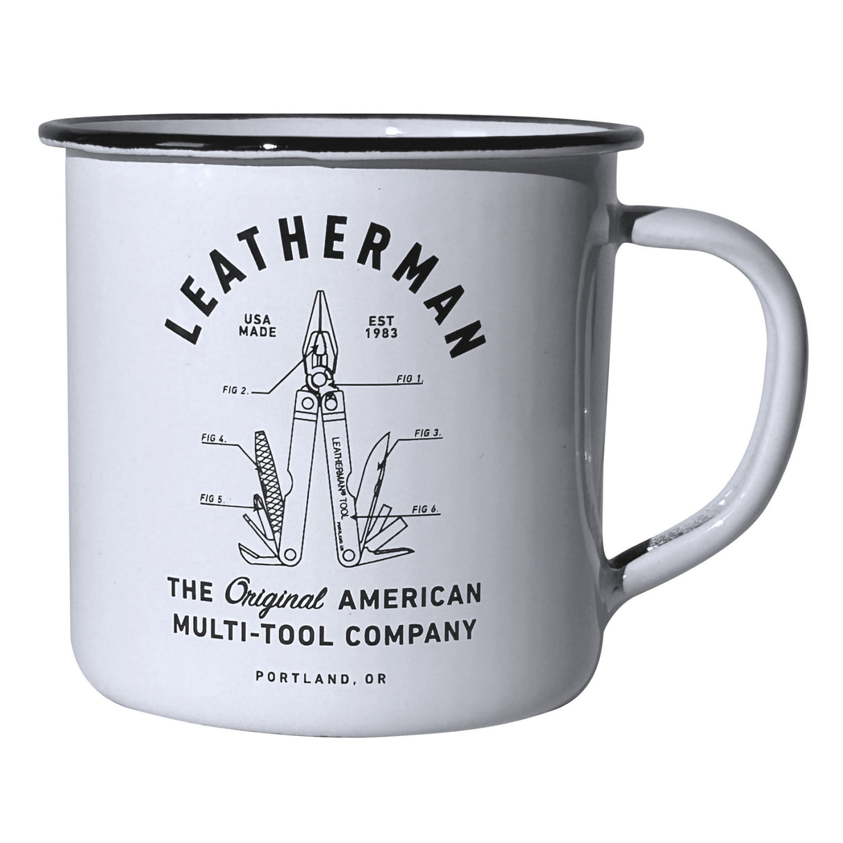 Translation missing: en.A white enamel Leatherman Retropot Mug with a black rim, featuring a vintage-style illustration of a multi-tool labeled with component figures