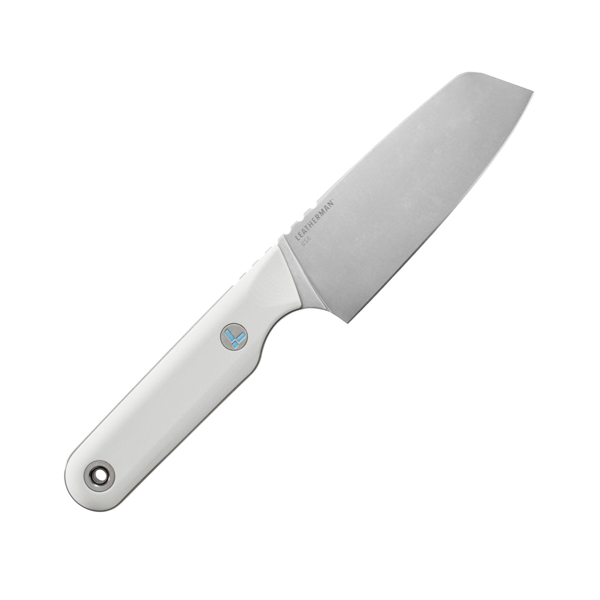Translation missing: en.Leatherman Rustle Alpine knife with a stonewashed stainless blade and sleek white handle, positioned at an angle on a white background