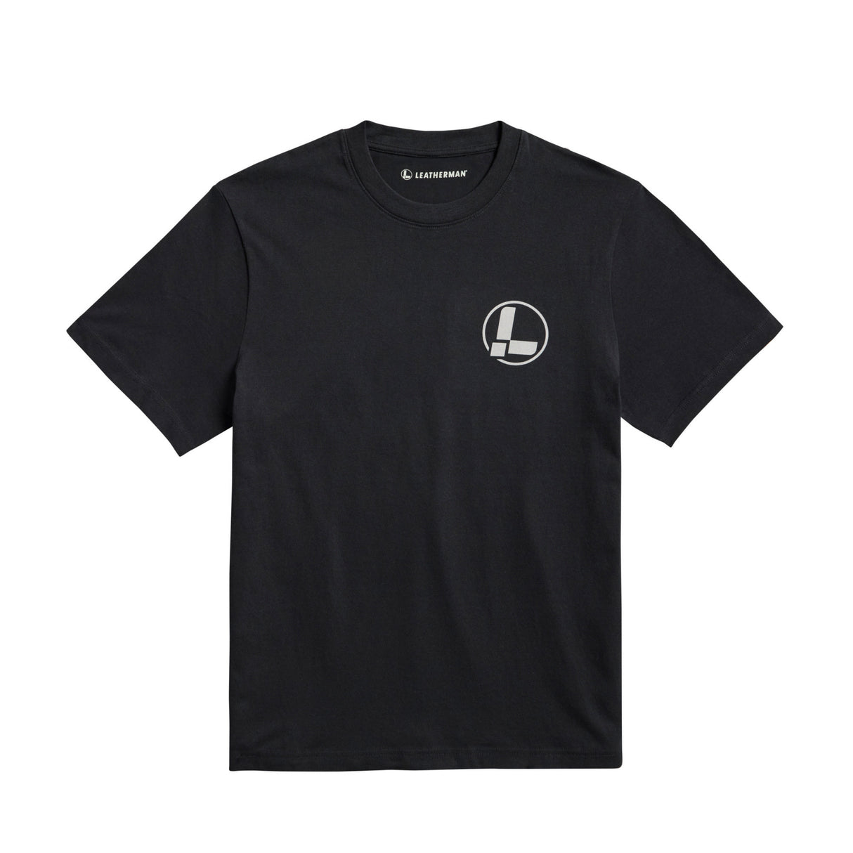 Translation missing: en.Front of the black Leatherman classic logo tee displaying the 'L' logo