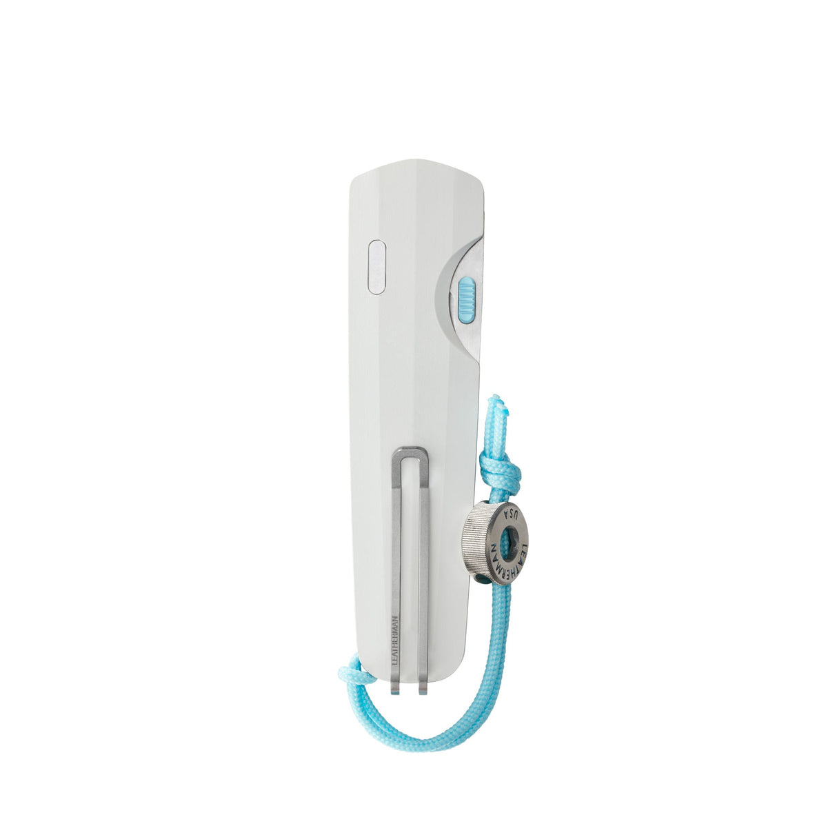 Translation missing: en.Leatherman Blazer Alpine folding knife in closed position with a white handle, deep-carry pocket clip, visible thumb slider, and attached light blue lanyard with branded bead, displayed on a white background