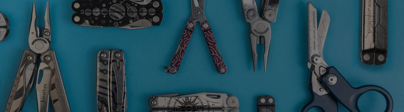Translation missing: en.An assortment of customized Leatherman tools on a blue background