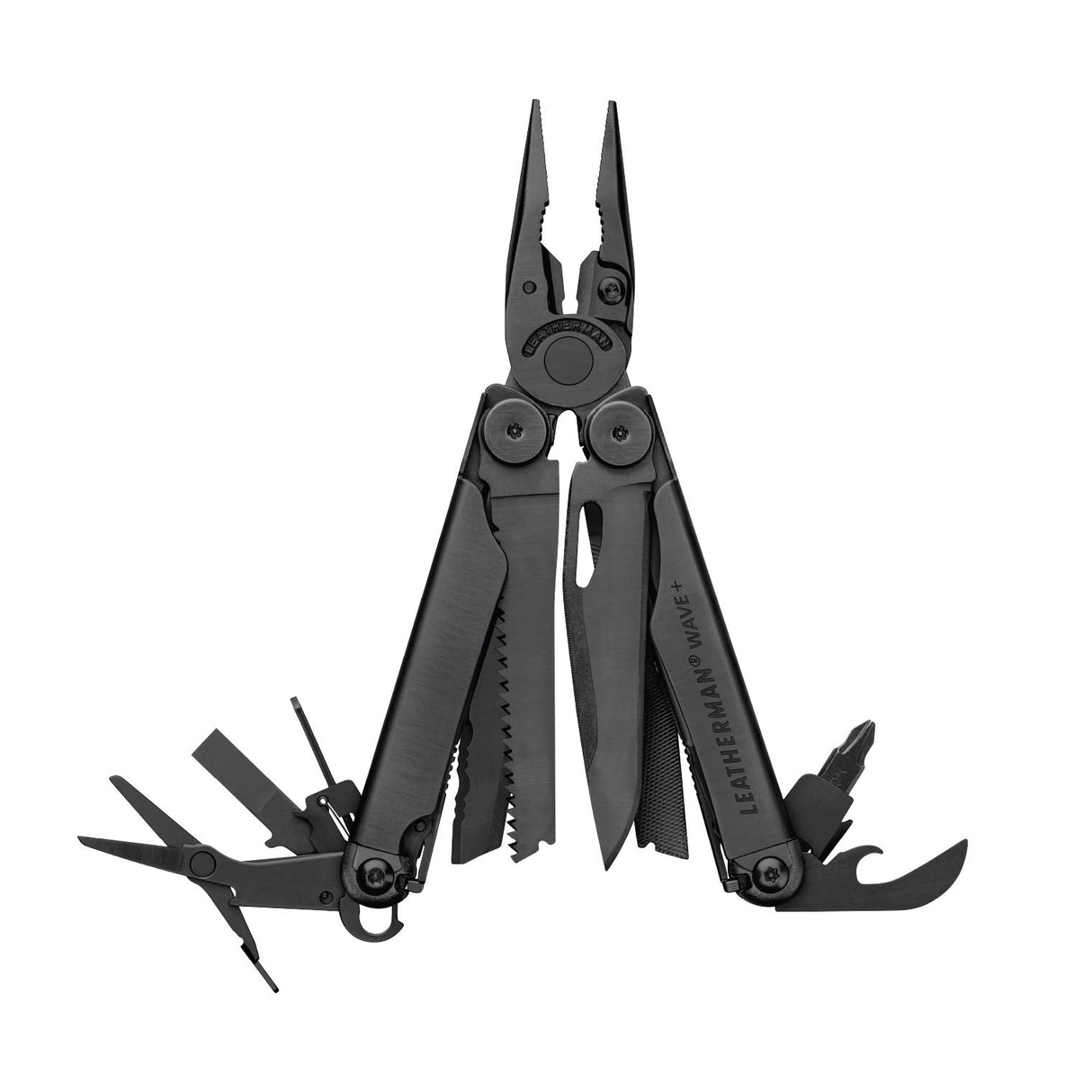 Translation missing: en.Black Leatherman Wave® Plus multi-tool with pliers, blades, and multiple tools displayed in an open position