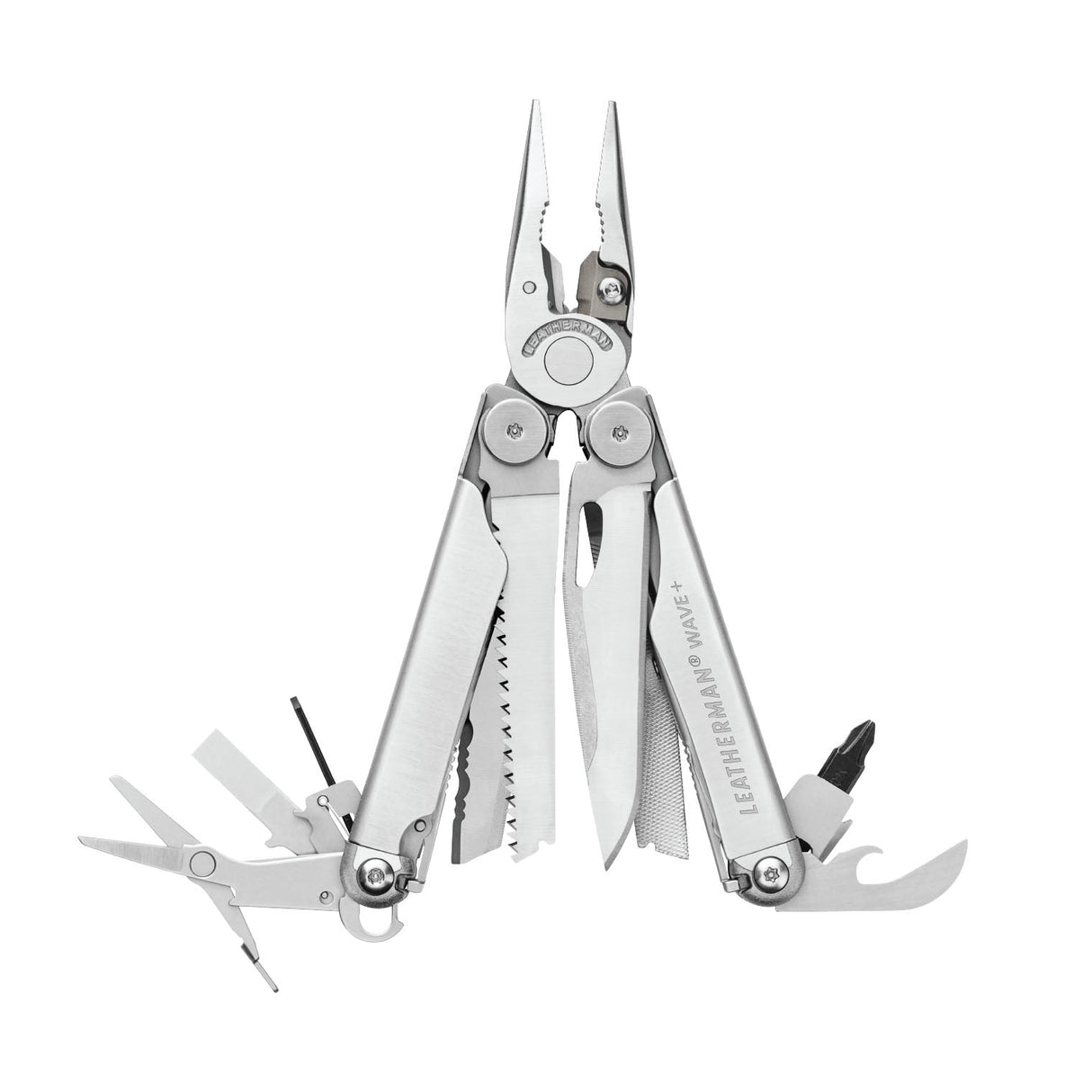 Translation missing: en.Stainless steel Leatherman Wave® Plus multi-tool with pliers and various blades, ideal for DIY, home repairs, and jobsite use