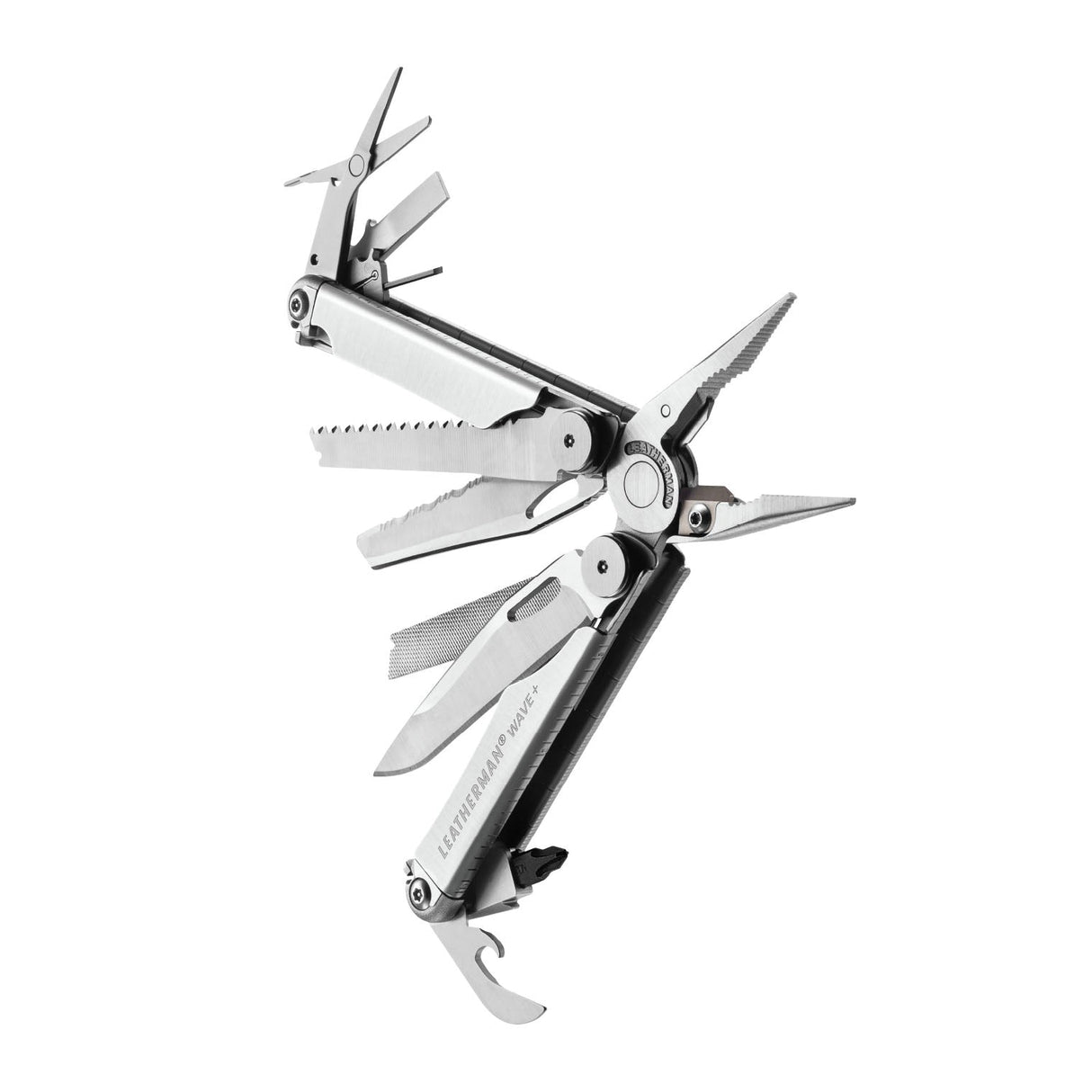 Translation missing: en.Stainless steel Leatherman Wave® Plus multitool beauty image showing the various tools and features