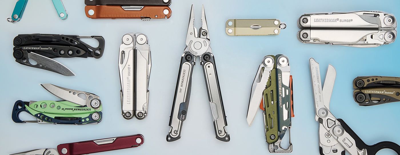 Translation missing: en.A collection of various Leatherman multitools displayed, showcasing different styles and blade types