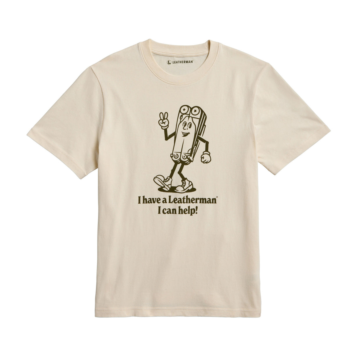 Translation missing: en.Natural gold tee shirt with the Mr. Wave logo displaying a character based on the Wave with the slogan &#39;I have a Leatherman, I can help!&quot;