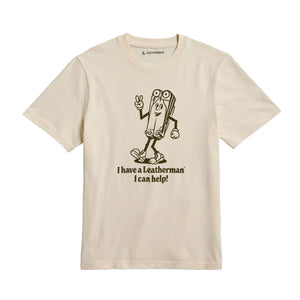 Translation missing: en.Natural gold tee shirt with the Mr. Wave logo displaying a character based on the Wave with the slogan &#39;I have a Leatherman, I can help!&quot;