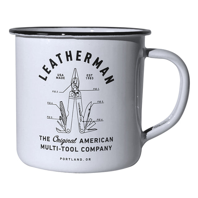 Translation missing: en.A white enamel Leatherman Retropot Mug with a black rim, featuring a vintage-style illustration of a multi-tool labeled with component figures