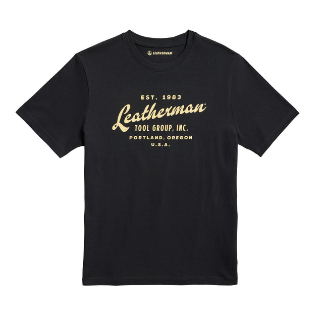 Translation missing: en.Front of the black Leatherman Vintage tee showcasing &#39;Leatherman&#39; in a cursive font. Established 1983 in Portland, Oregon USA