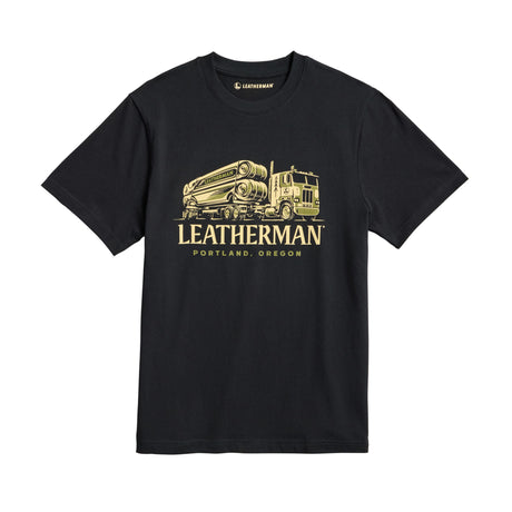 Translation missing: en.Black Leatherman Timber Tee depicting a timber truck hauling a massive Leatherman multitool on the trailer
