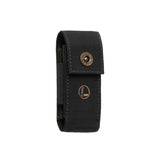 Translation missing: en.Leatherman black and bronze nylon sheath with pockets showcasing the secure snap closure and Leatherman logo