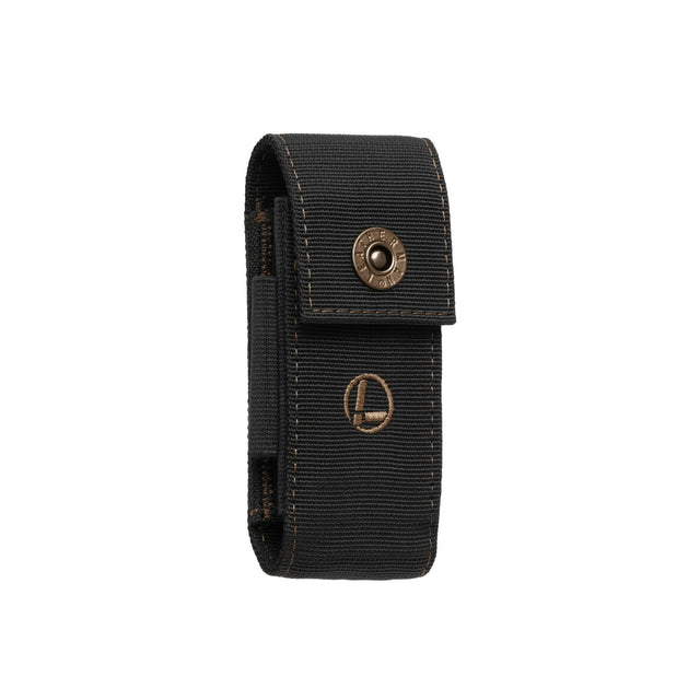 Translation missing: en.Leatherman black and bronze nylon sheath with pockets showcasing the secure snap closure and Leatherman logo