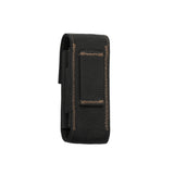 Translation missing: en.Back view of a black and bronze nylon Leatherman sheath with reinforced brown stitching and a horizontal belt loop sewn onto the rear for secure attachment. The sheath has a rugged, utilitarian design intended to hold and carry a multi-tool