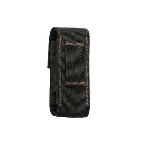 Translation missing: en.Back view of a black and bronze nylon Leatherman sheath with reinforced brown stitching and a horizontal belt loop sewn onto the rear for secure attachment. The sheath has a rugged, utilitarian design intended to hold and carry a multi-tool