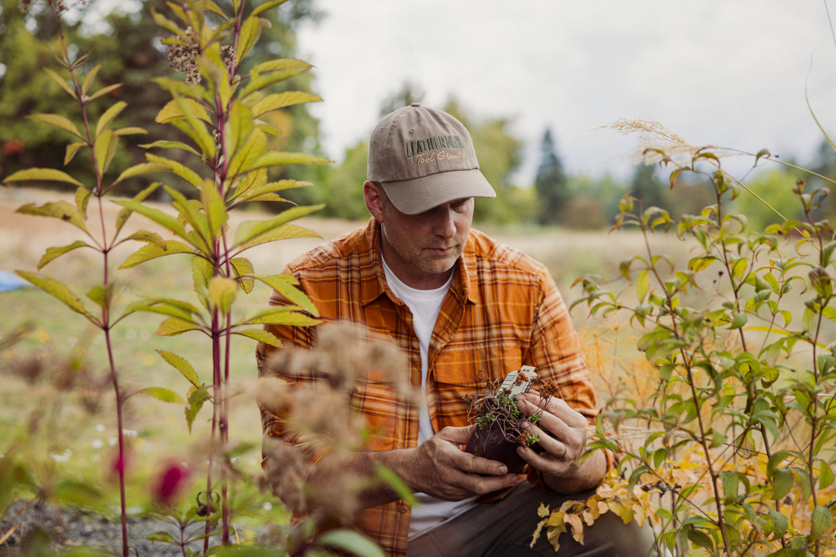 Translation missing: en.A man in a driftwood colored Leatherman Dad Hat inspecting a newly purchased plant before planting