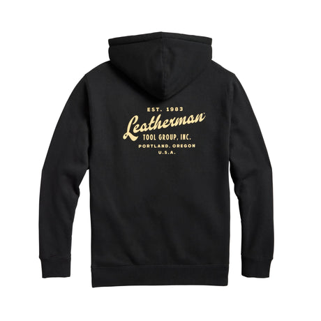 Translation missing: en.Back of the black Leatherman Vintage hoodie. &quot;Leatherman&quot; is in a cursive font. Established 1983