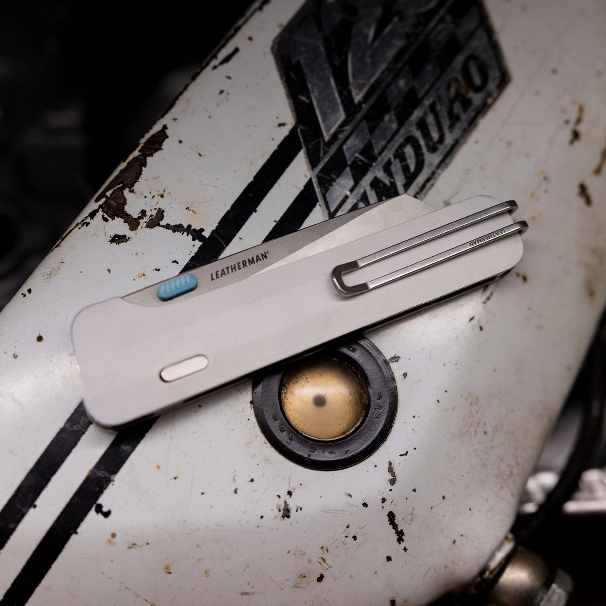 Translation missing: en.Detailed view of Leatherman Glider on a motorcycle, highlighting its sleek finish
