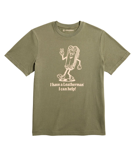Translation missing: en.Olive khaki tee shirt with the Mr. Wave logo displaying a character based on the Wave with the slogan 'I have a Leatherman, I can help!"