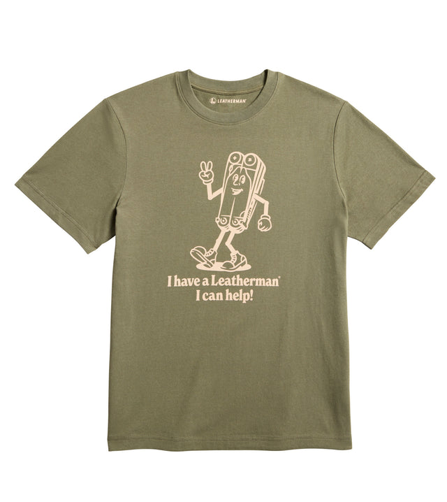 Translation missing: en.Olive khaki tee shirt with the Mr. Wave logo displaying a character based on the Wave with the slogan 'I have a Leatherman, I can help!"