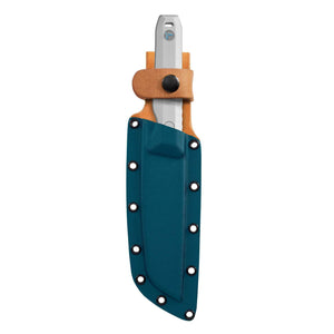 Translation missing: en.A Leatherman Pioneer Alpine knife partially sheathed in a teal Kydex and brown leather sheath, showcasing the knife’s silver handle and integrated lanyard hole with a visible blue accent emblem