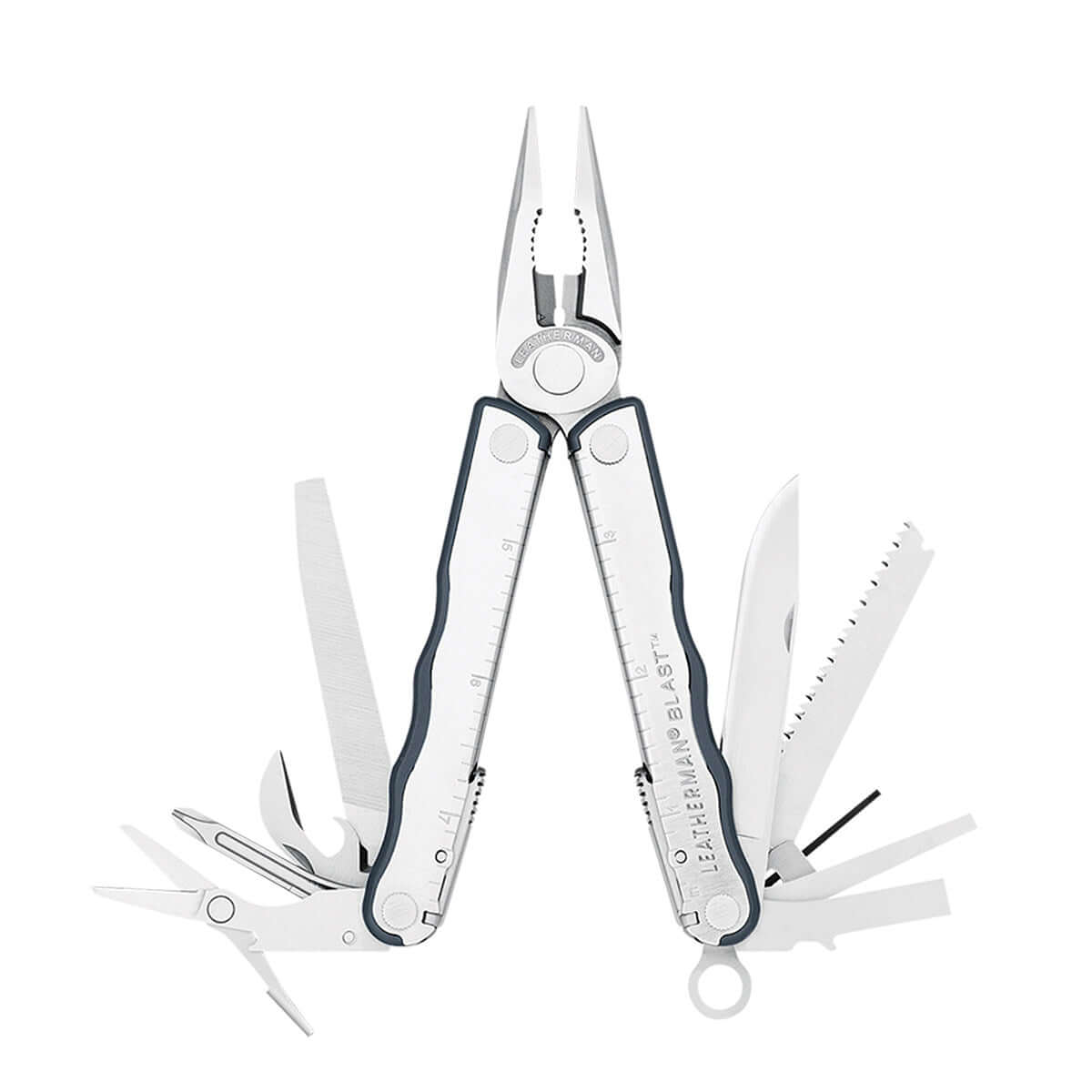 Translation missing: en.Opened stainless steel Leatherman Blast displayed on white background