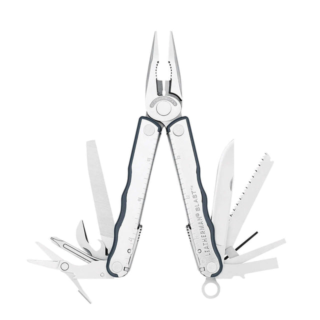 Translation missing: en.Opened stainless steel Leatherman Blast displayed on white background