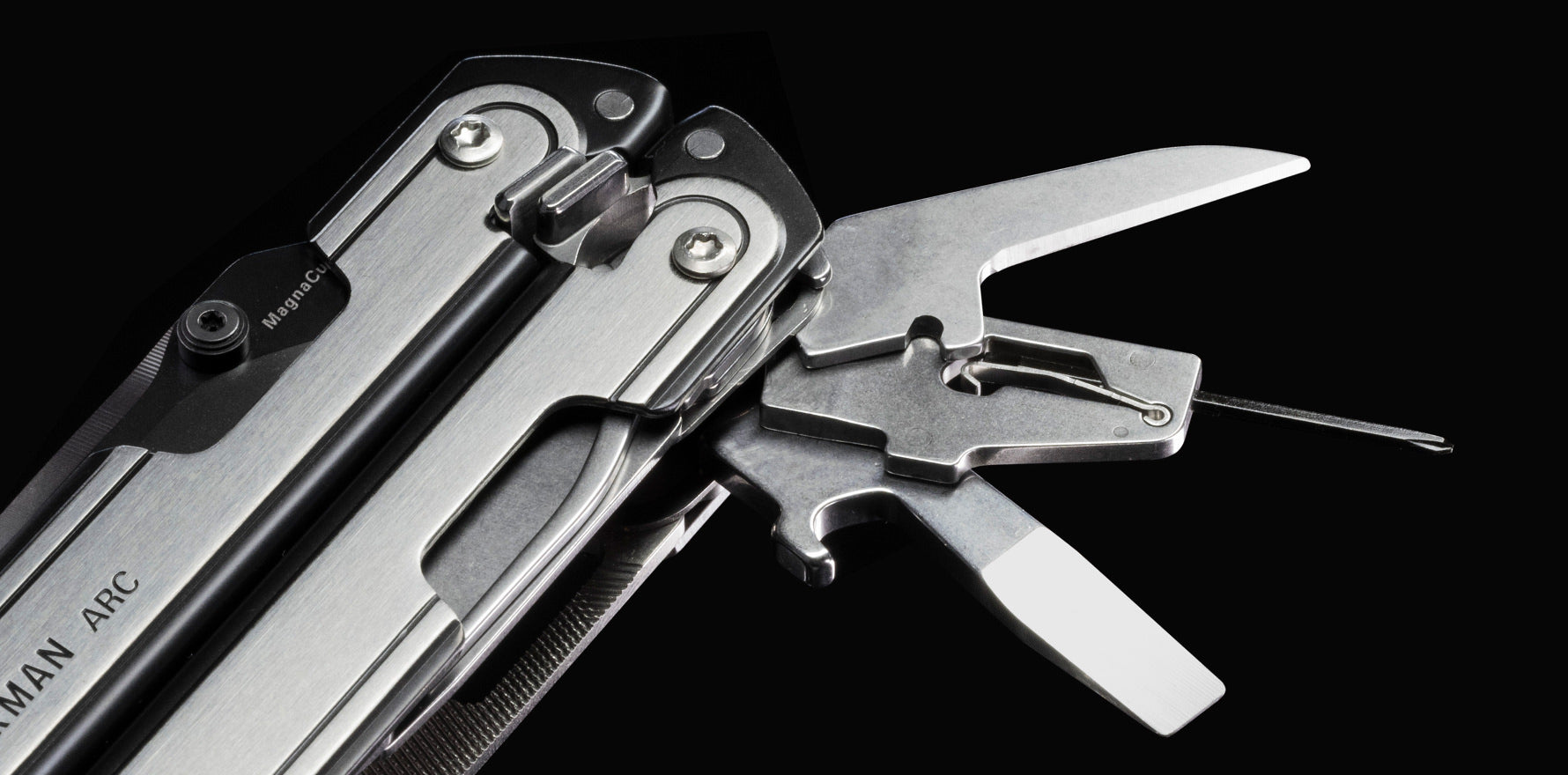 Leatherman Arc® multi-tool in Black DLC and Stainless Steel colors, showcasing precision instruments.