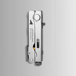 Translation missing: en.Stainless steel Batch #008: Captain's Crunch multitool folded, showing Leatherman Garage branding