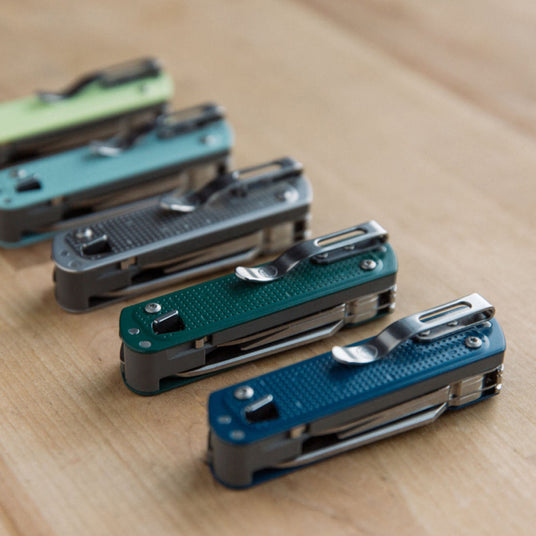 Closed lined Leatherman navy, evergreen, stainless steel, artic, and lunar Free T4.