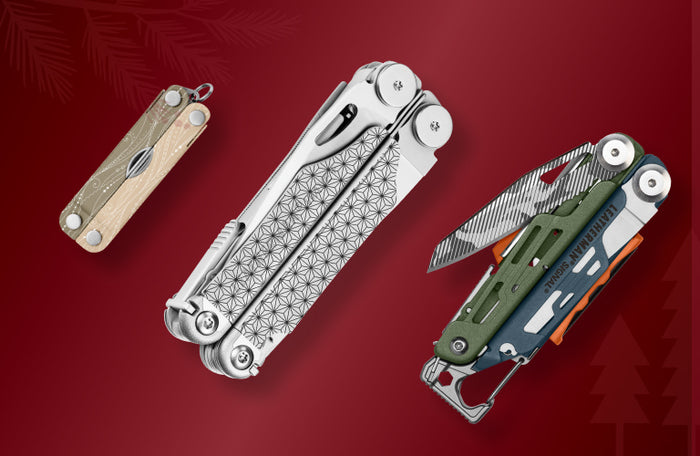 Translation missing: en.Customized Leatherman Micra, Wave+ and Signal arranged on a bold red background, highlighting their unique shapes and features