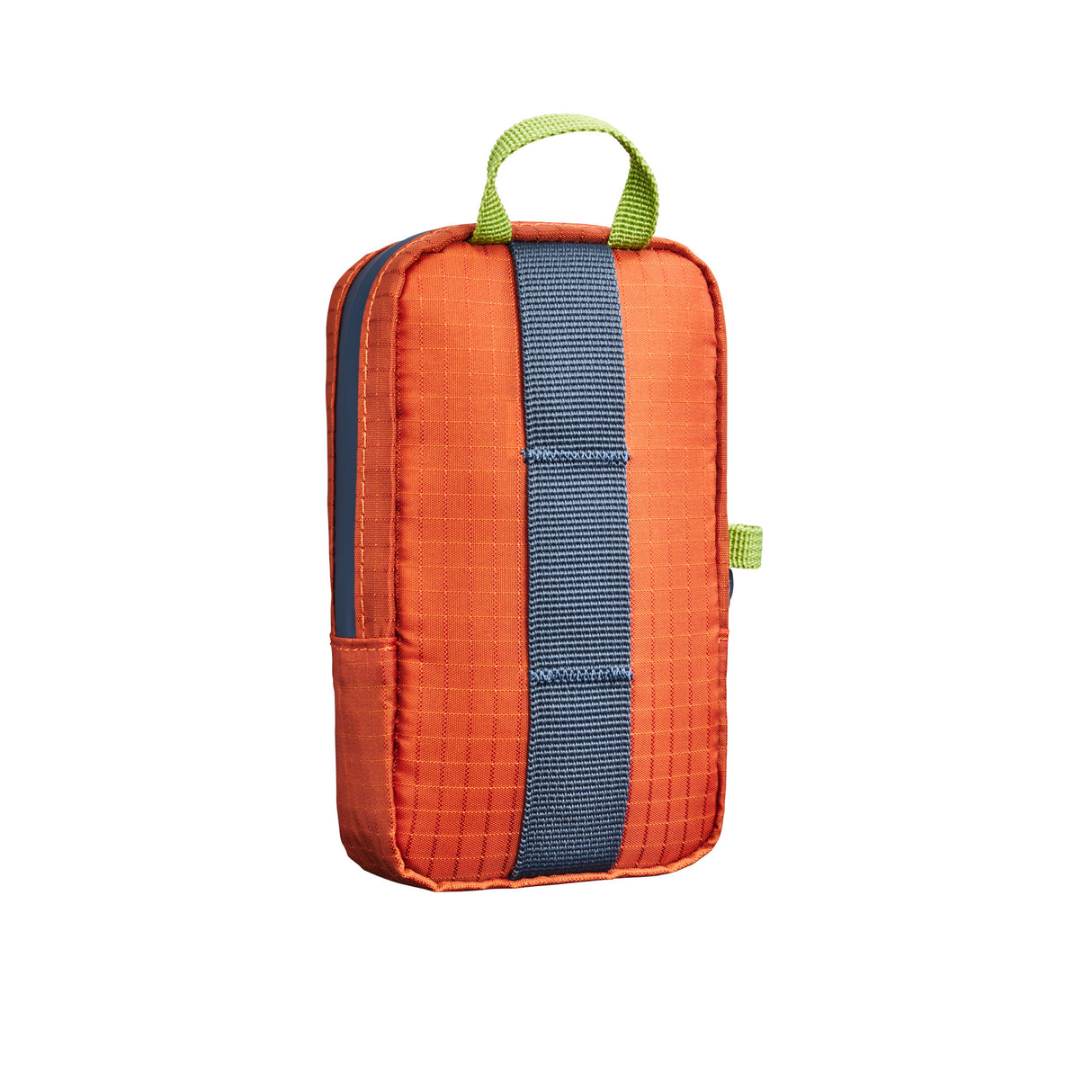 Translation missing: en.Rear view of a Leatherman Tool Pouch in Aurora color, featuring a bright orange fabric body with a gray vertical webbing strap, a mojito top handle, and a side accent loop for versatile carrying or attachment options