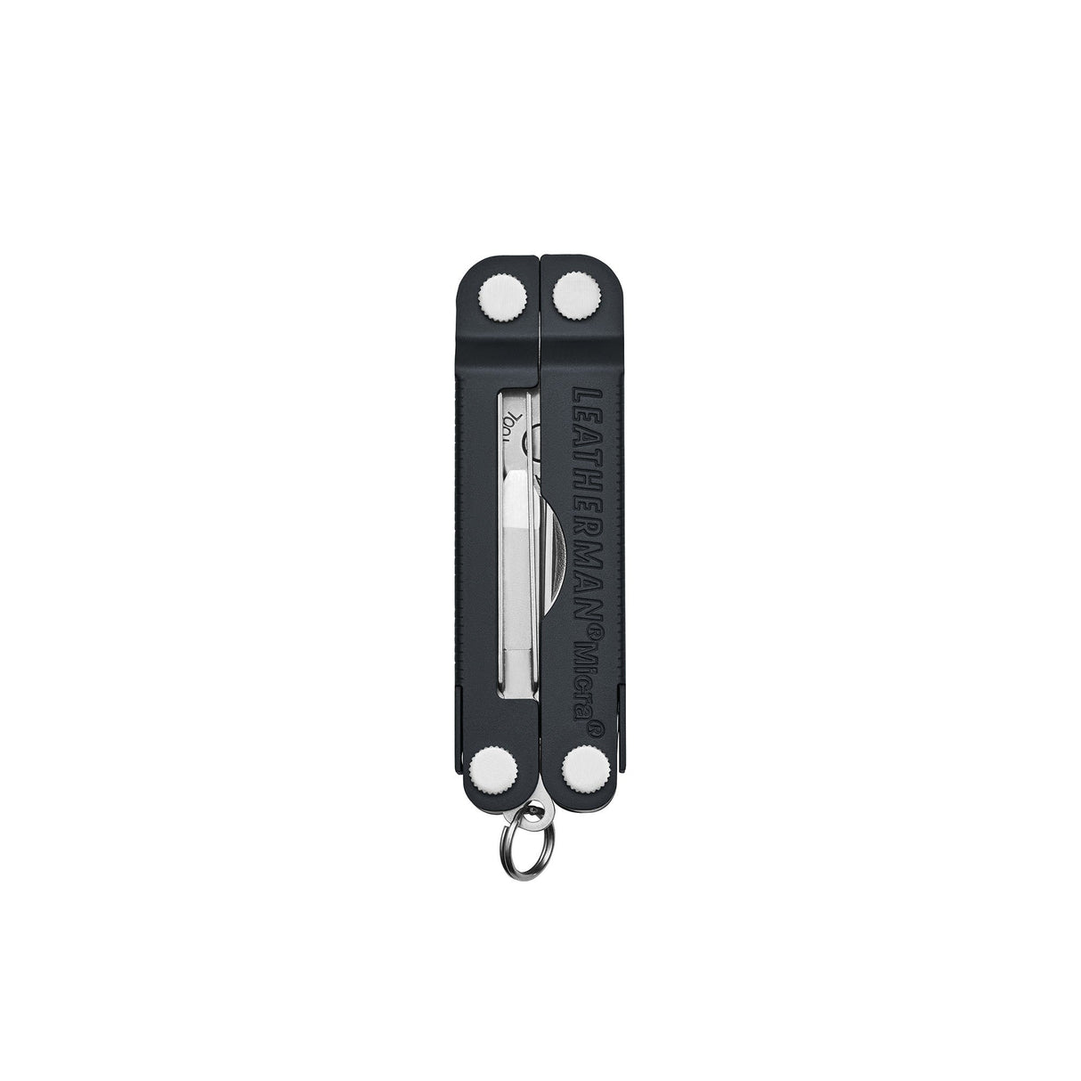 Translation missing: en.Black Leatherman Micra® multi-tool closed, showcasing its compact design and keychain attachment