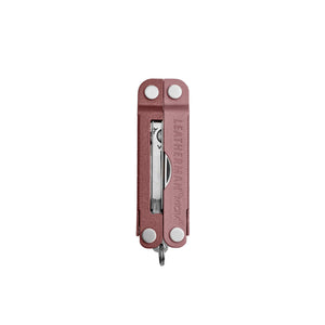 Translation missing: en.Heathered Blush Leatherman Micra® multi-tool closed, showcasing the tweezers and Leatherman brand on one handle