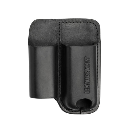 Translation missing: en.Black premium leather multitool sheath with two compartments and LEATHERMAN logo embossed on the front
