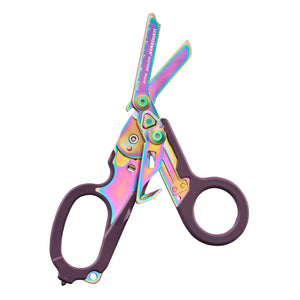 Translation missing: en.Raptor® Rescue folding shears in Rainbow color with purple handles, shown open to display blades and tool details