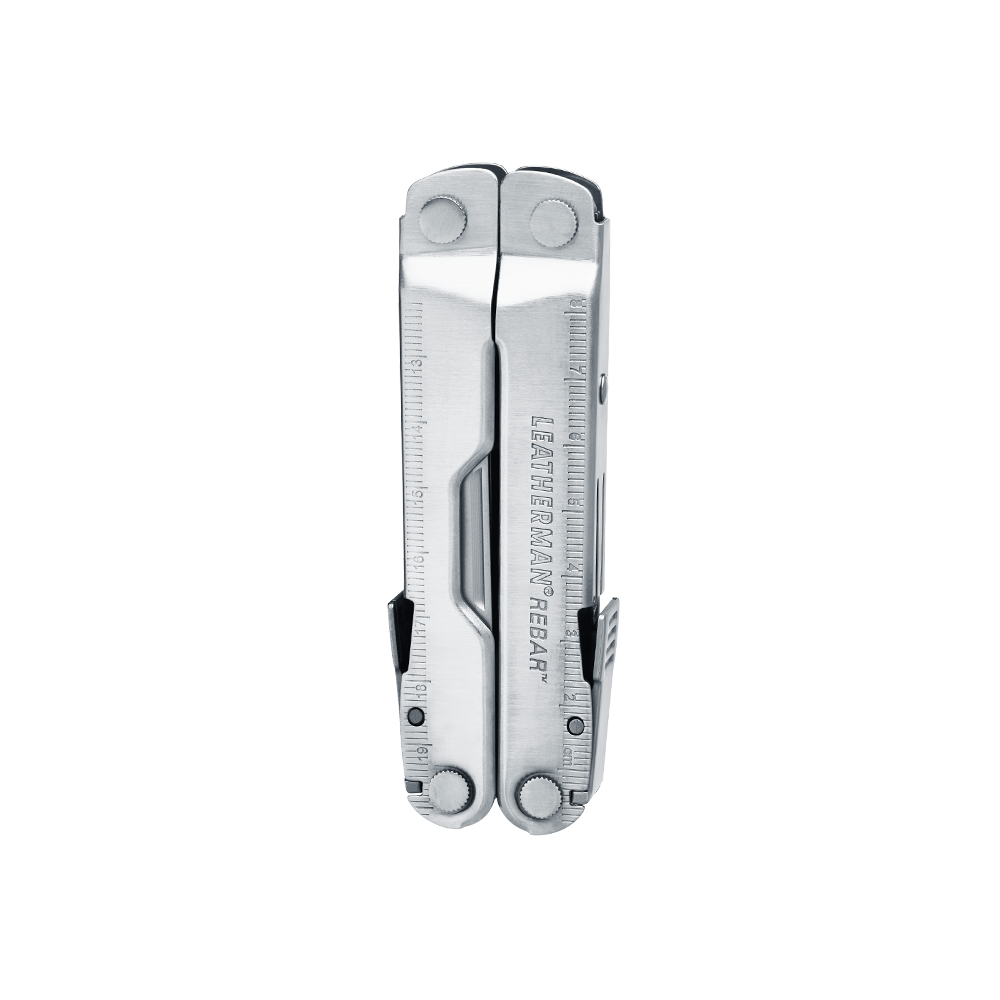 Translation missing: en.Close-up of the stainless steel Leatherman Rebar® multi-tool closed, showcasing its sleek design and compact ability