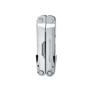 Translation missing: en.Close-up of the stainless steel Leatherman Rebar® multi-tool closed, showcasing its sleek design and compact ability