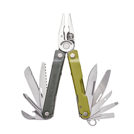 Translation missing: en.Mossy Slate Leatherman Rebar® multi-tool with pliers and various tools, showcasing the durable design and ergonomic handles