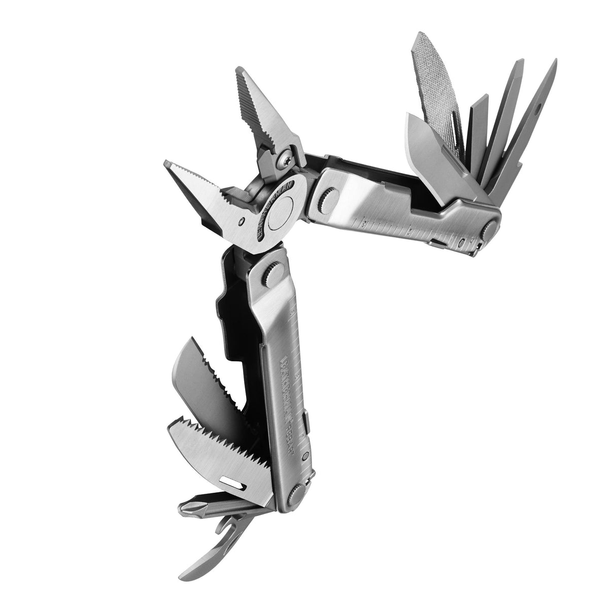 Translation missing: en.Stainless steel Leatherman Rebar® multi-tool beauty image showing the various tools and features