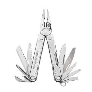 Translation missing: en.Stainless Steel Leatherman Rebar® multi-tool with pliers and various cutting tools displayed open