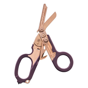 Translation missing: en.Raptor® Rescue shears in Rose Gold with purple handles, shown open to display blades and integrated tools