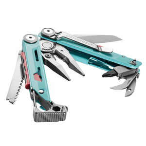 Translation missing: en.Aqua and stainless Leatherman Signal® multitool beauty image showing the various tools and features