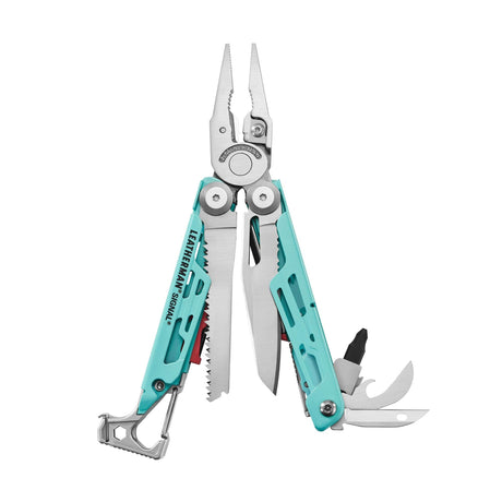 Translation missing: en.Aqua and stainless Leatherman Signal® multi-tool showcasing pliers, blades, and other essential features for outdoor adventures