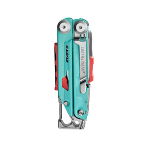 Translation missing: en.Aqua and stainless Leatherman Signal® multi-tool closed, featuring pocket clip, hammer, and various functions for outdoor and emergency use