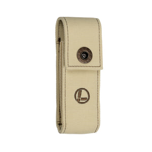 Translation missing: en.Tan nylon belt pouch with snap-closure flap and circular stitched logo on the front