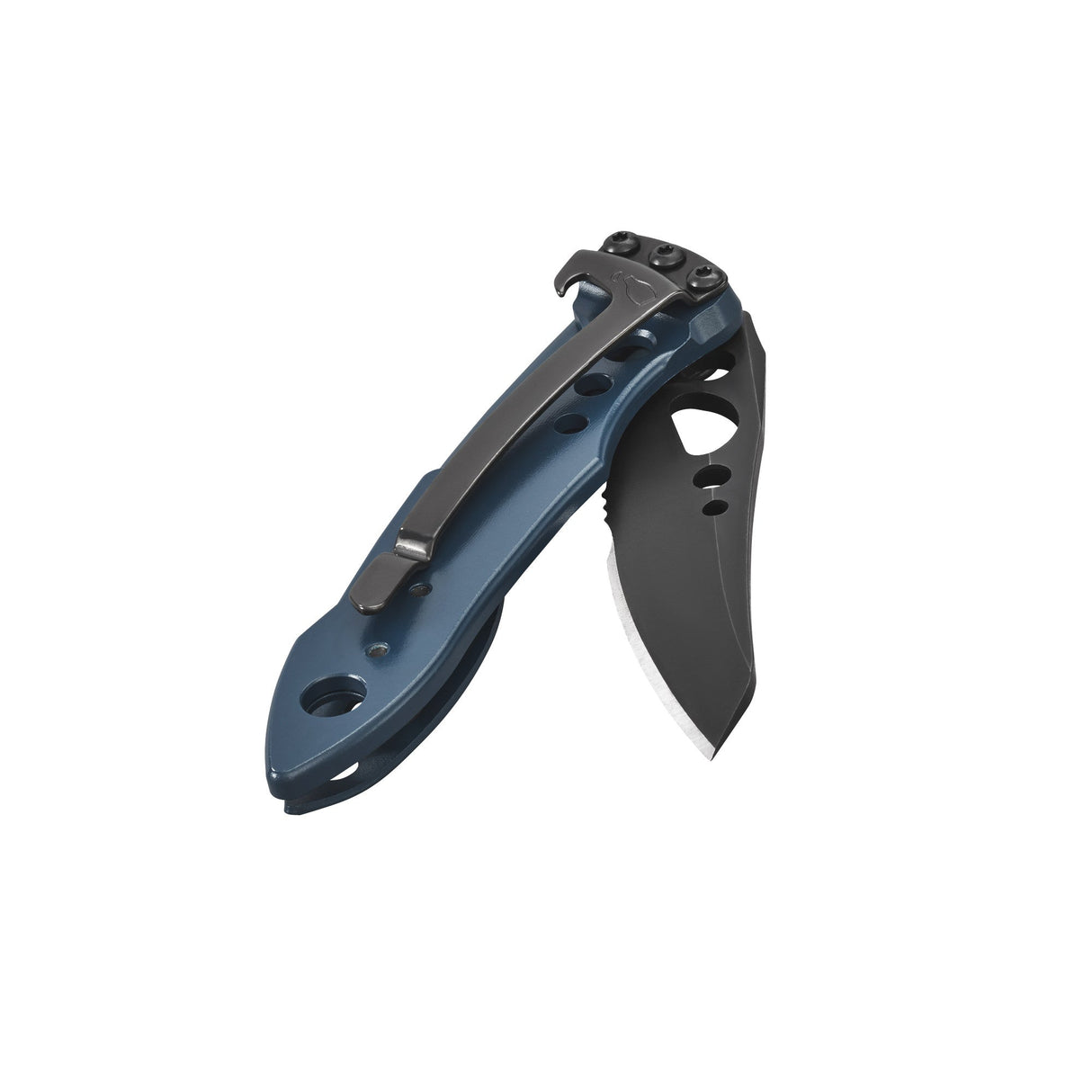 Translation missing: en.Nocturnal Skeletool KBX folding knife with partially open black blade and pocket clip