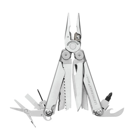 Translation missing: en.Stainless steel Leatherman Wave® Plus multi-tool with pliers and various blades, ideal for DIY, home repairs, and jobsite use