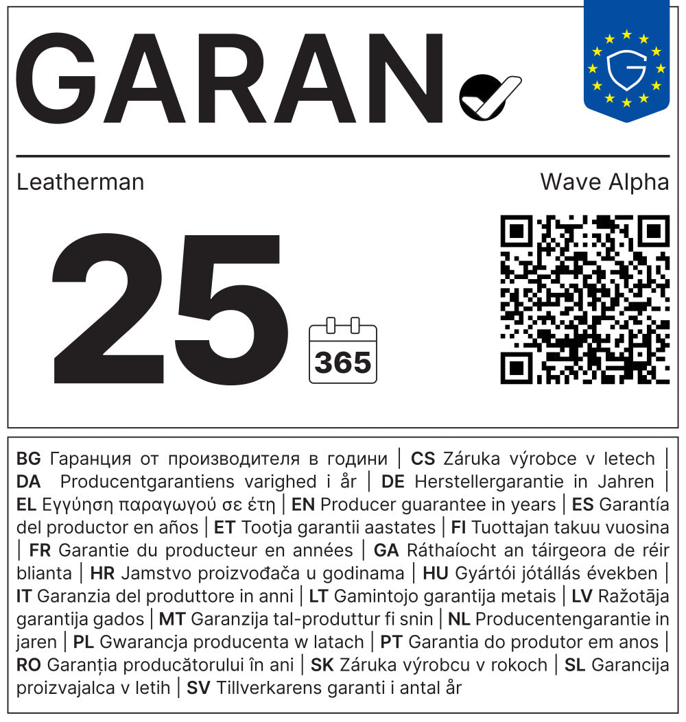 Translation missing: en.Leatherman Wave Alpha warranty card showing 25-year producer guarantee and QR code