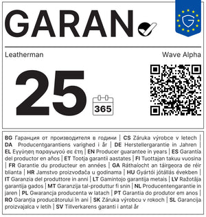 Translation missing: en.Leatherman Wave Alpha warranty card showing 25-year producer guarantee and QR code